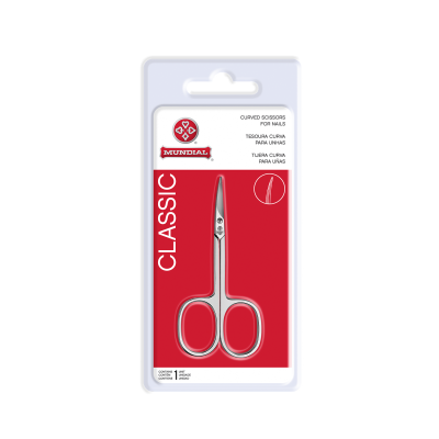 Tesoura curva para unhas em embalamento plástico transparente com fundo vermelho