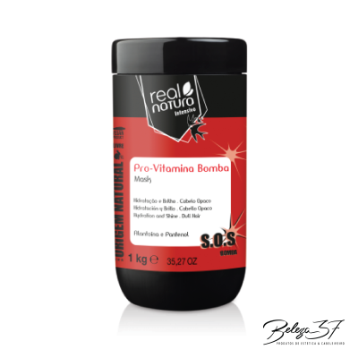 Embalagem preta com rótulo vermelho e preto de máscara capilar Real Nature Pro-Vitamin Bomba.