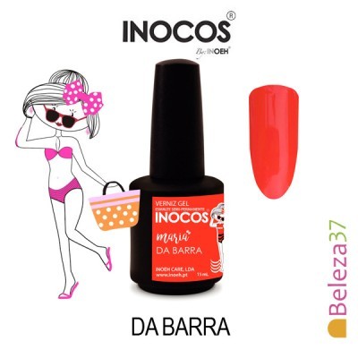 Frasco de verniz gel vermelho INOCOS com ilustração de mulher em biquíni rosa e texto 'DA BARRA'