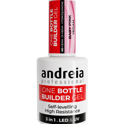 Frasco de verniz de gel Andreia Professional branco com tampa rosa e texto em etiquetas