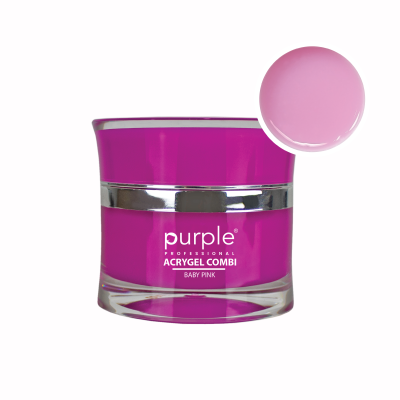 Frasco roxo de acrígel com tampa prateada e amostra de cor rosa claro