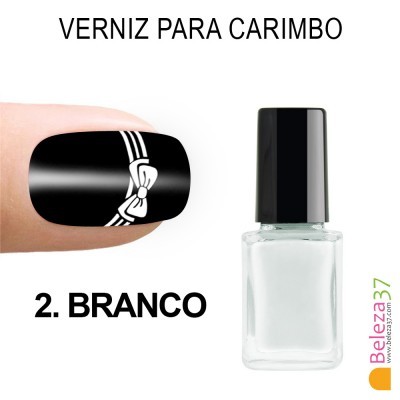 Frasco de verniz para carimbo branco e unha pintada com padrão branco e preto