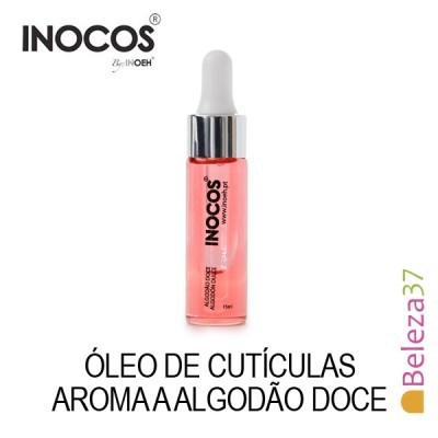 Frasco de óleo de cutículas INOCOS rosa com conta-gotas e texto em português