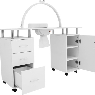 Móvel branco com gavetas e prateleiras, rodas, e suporte em arco