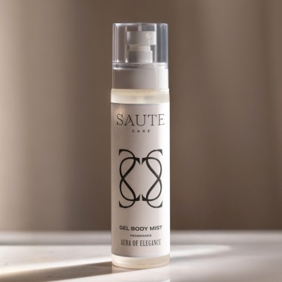 Frasco de gel body mist Saute Care com tampa transparente e etiqueta branca