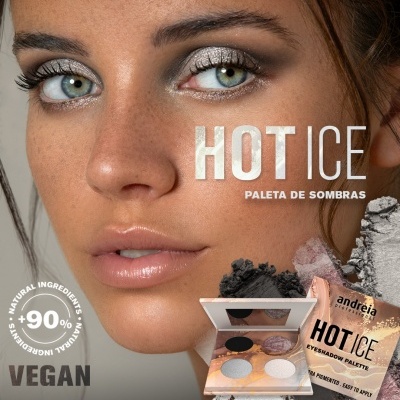 Paleta de sombras Andreia Professional HOT ICE com rosto feminino e texto promocional