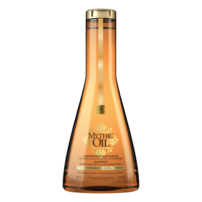 Frasco de shampoo Mythic Oil âmbar com tampa dourada
