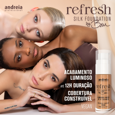 Publicidade da base de maquilhagem Refresh Silk Foundation by Bru com três mulheres de tons de pele variados.