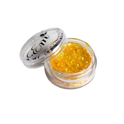 Pequeno frasco redondo de plástico com glitter amarelo e tampa com escrita preta