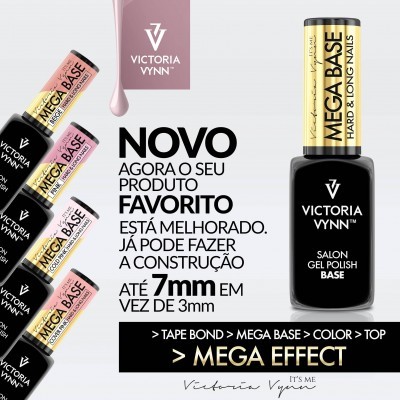 Verniz de gel Mega Base da Victoria Vynn em embalagens pretas com tampa amarela e texto promocional em português.