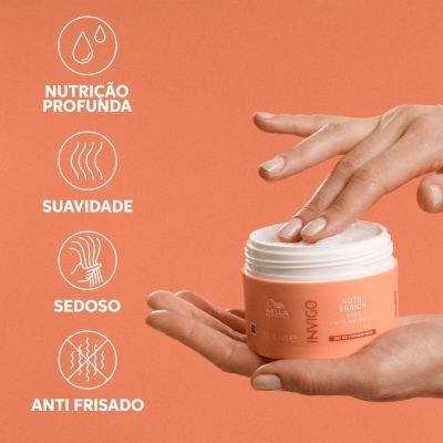Frasco de creme capilar Wella INVIGO laranja e branco com texto promocional em fundo laranja