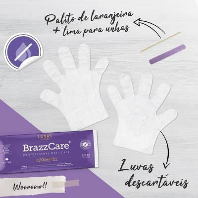 Luvas descartáveis brancas BrazzCare com lima roxa e palito de laranjeira em fundo branco e roxo