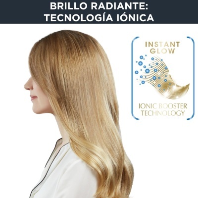 Mulher com cabelo loiro liso, texto sobre tecnologia iónica e brilho radiante