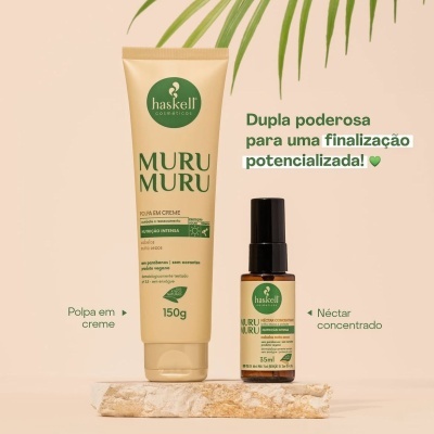 Produtos Haskell Muru Muru creme e néctar concentrado sobre superfície bege com folha verde ao lado