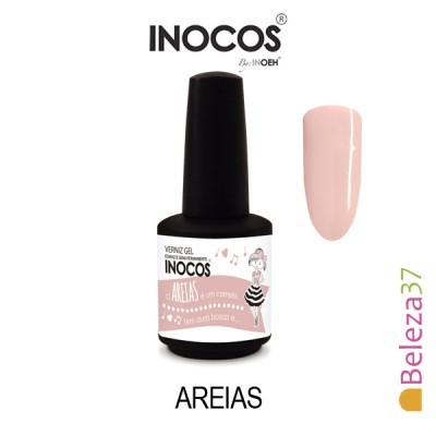 Frasco de verniz gel INOCOS AREIAS com amostra da cor rosa claro