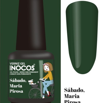 Verniz gel INOCOS cor verde escura com rótulo e ilustração