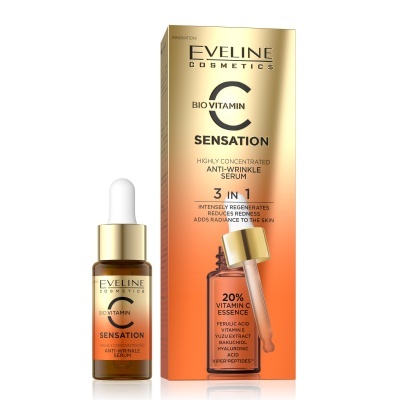 Sérum anti-rugas Eveline Cosmetics BIO VITAMIN C SENSATION com conta-gotas e embalagem