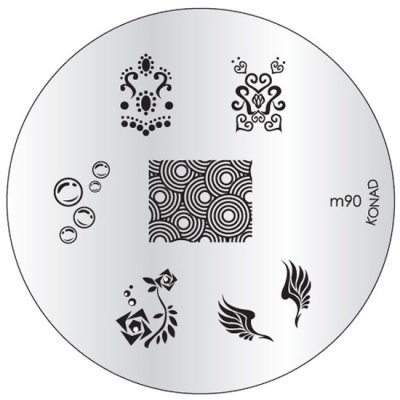 Placa redonda metálica prateada com desenhos pretos decorativos para carimbos de unhas