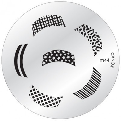 Placa circular de carimbo para unhas com padrões variados pretos sobre fundo prateado