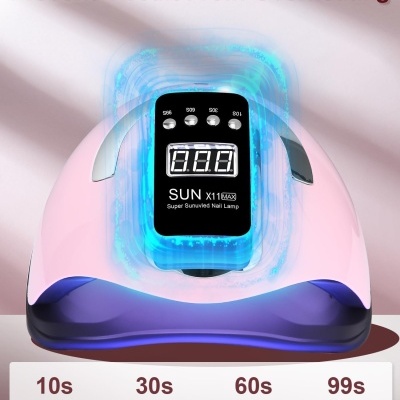 Lâmpada de unhas UV LED rosa com visor digital e texto explicativo