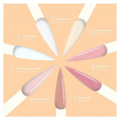 Amostras de cores de unhas em formato alongado dispostas em círculo em fundo cor de pêssego.