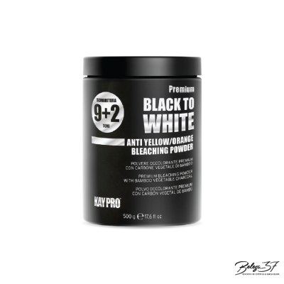 Recipiente preto de pó branqueador para cabelo com texto branco e cinza