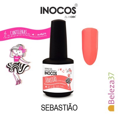 Frasco de verniz gel coral INOCOS Sebastão com amostra de cor e ilustração de personagem feminina