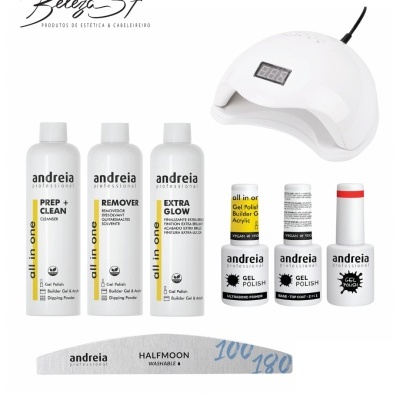 Conjunto de produtos para unhas da marca Andreia com lâmpada de cura e lima em fundo branco.