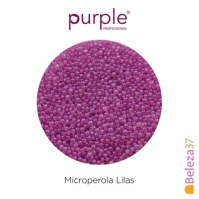 Microperolas lilás brilhantes em fundo branco com texto