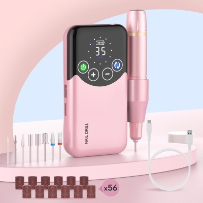 Kit de máquina elétrica de unhas portátil rosa com acessórios e cabo USB