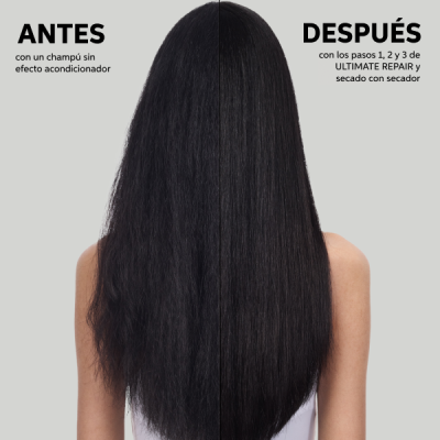 Comparação de cabelo comprido preto antes e depois do uso de ULTIMATE REPAIR