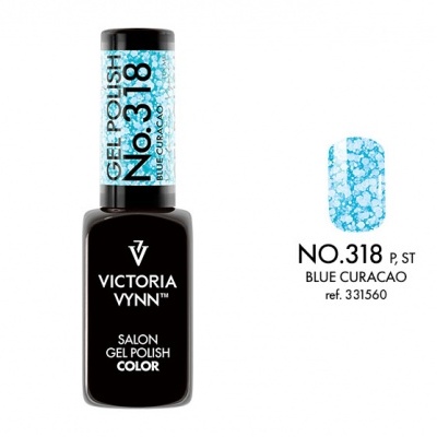 Frasco de verniz de gel preto com tampa azul e amostra da cor azul com padrão branco