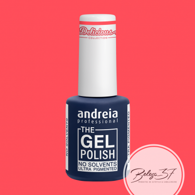 Frasco de verniz gel azul escuro da marca andreia professional em fundo coral