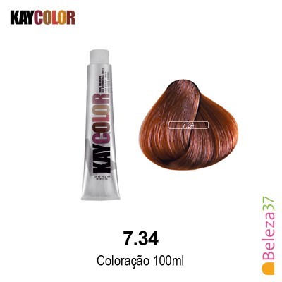 Tubo de coloração capilar KAYCOLOR 100ml castanho cobre 7.34 com amostra de cor de cabelo