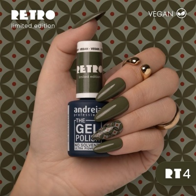 Frasco de verniz Andreia Professional The Gel Polish edição limitada Retro RT 4 com unhas pintadas verde oliva e padrão geométrico.