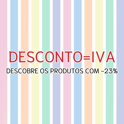Cartaz colorido com texto de desconto DESCONTO=IVA e DESCOBRE OS PRODUTOS COM -23%