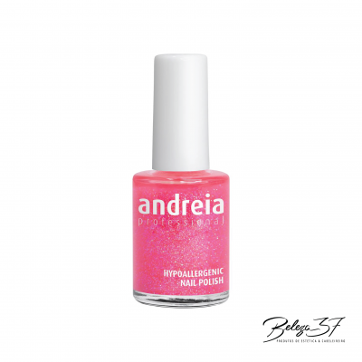 Verniz de unhas rosa com brilhos Andreia Professional em frasco com tampa branca