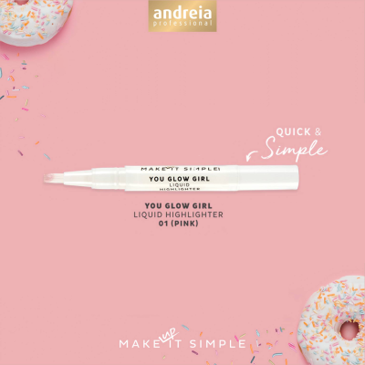 Iluminador líquido em caneta cor rosa com donuts em fundo cor de rosa