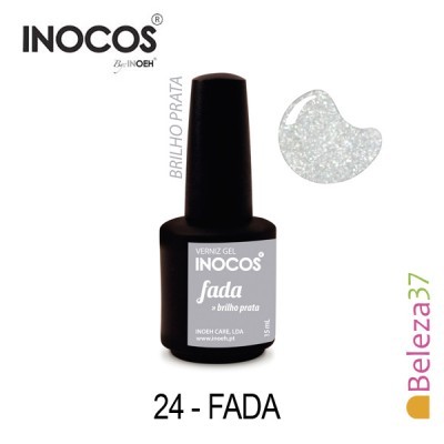Verniz gel Inocos Fada brilho prata em frasco preto com rótulo cinza claro