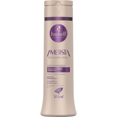 Frasco creme de condicionador Haskell Ametista Desamarelador 300 ml com texto roxo e preto