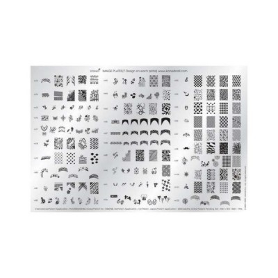 Folha de adesivos para unhas com padrões em preto e branco e texto de identificação.