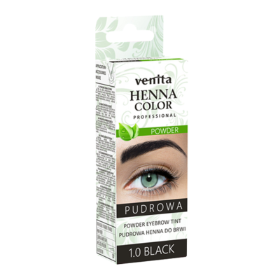 Caixa de pó para coloração de sobrancelhas Venita Henna Color Professional preto 1.0 com imagem de olho e sobrancelha