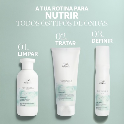 Três produtos Wella Nutricurls em fundo azul claro, rotulados como limpar, tratar e definir.