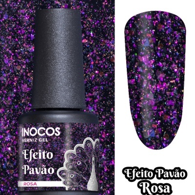 Verniz gel INOCOS Efeito Pavão Rosa com glitter sobre fundo preto e rosa