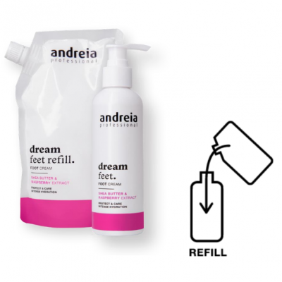 Creme para pés Andreia Professional com frasco branco e embalagem de reposição