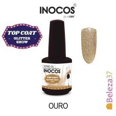 Verniz gel INOCOS cor ouro glitter com amostra de unha