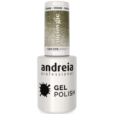 Frasco de verniz gel dourado com efeito 'Cat Eye' da marca andreia professional