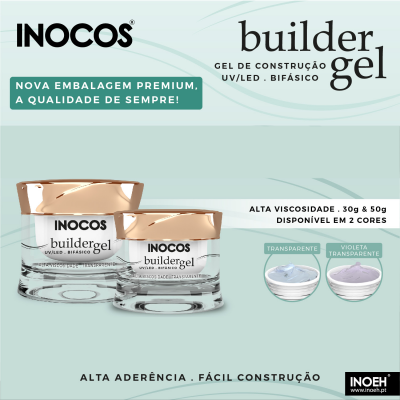 Potes de gel de construção Inocos Builder Gel UV/LED bifásico em duas cores com embalagens premium e texto informativo
