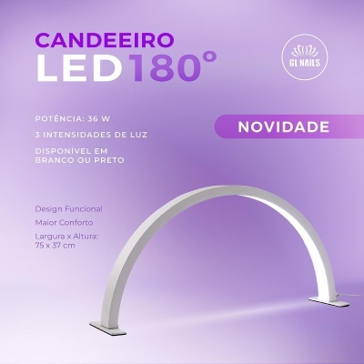 Candeeiro LED 180° branco em forma de arco com texto informativo em fundo roxo