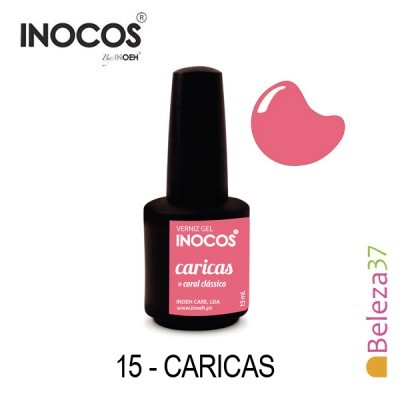 Verniz gel coral clássico INOCOS em frasco preto com rótulo rosa